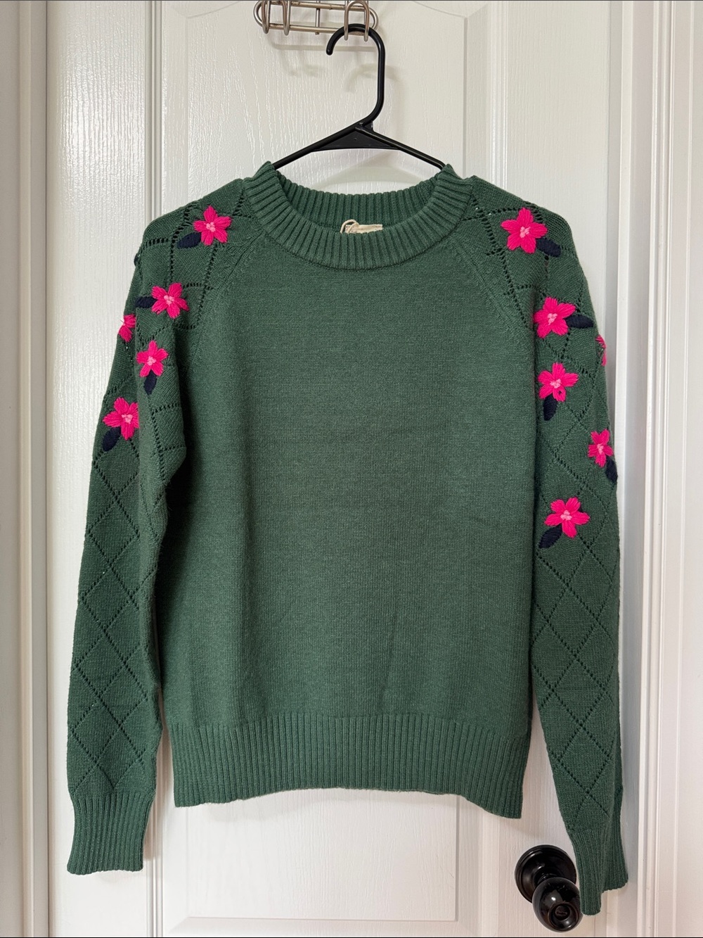 Hem & Thread Dark Green Crewneck Sweater with Hot Pink Floral Accents